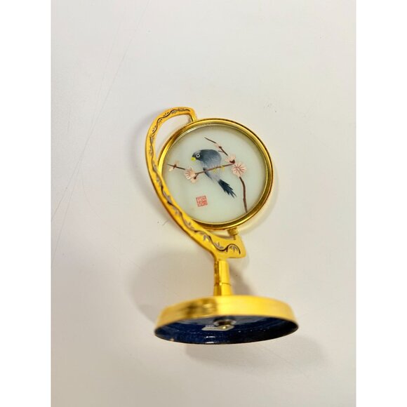 Silk Art Embroidered Bird Globe within Enamed Cloisonne Burgandy Red Brass Swive - Picture 15 of 16